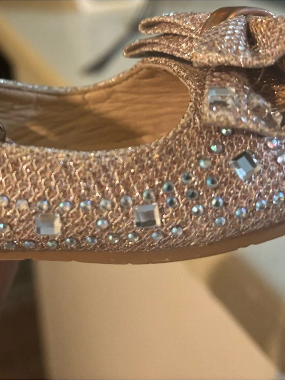 Girls Rose Gold Bow Rhinestone Dress Flats